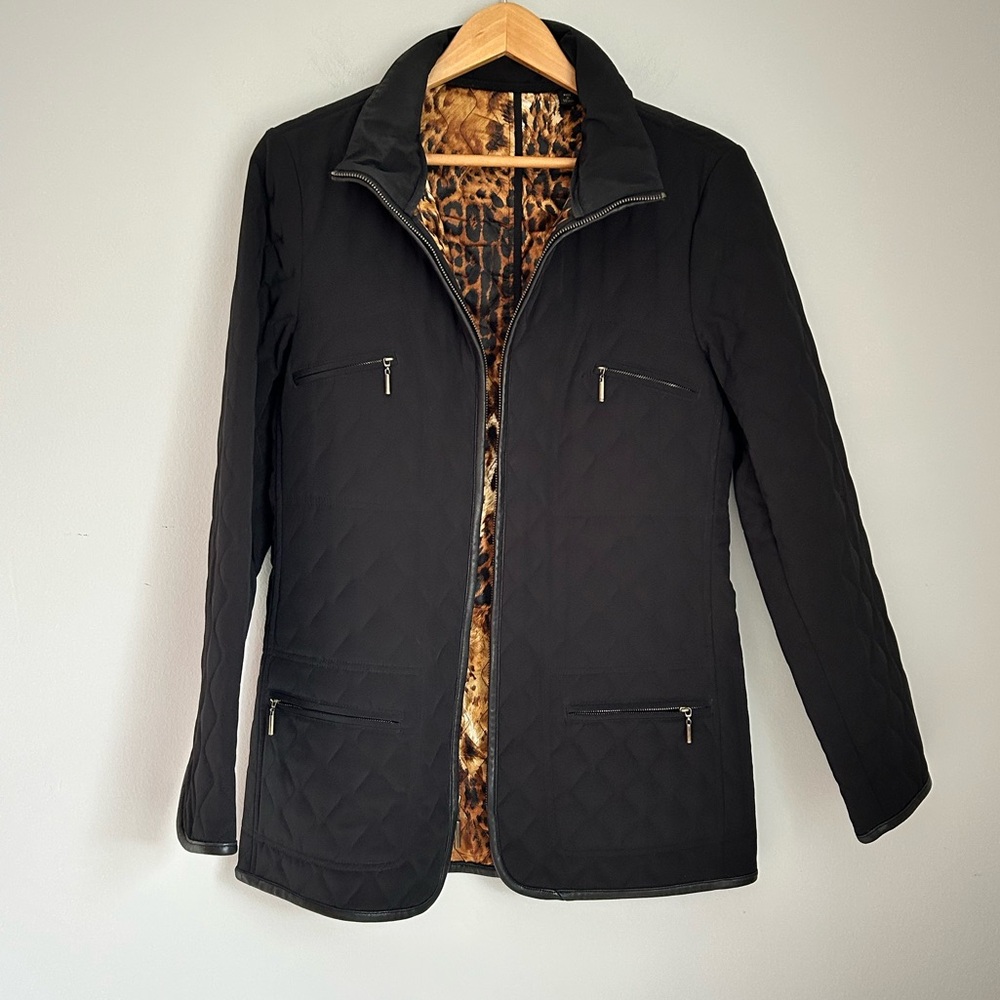 NWOT Dana Buchman Quilted Black Jacket Size S Leopard Satin Lining, Leather Trim